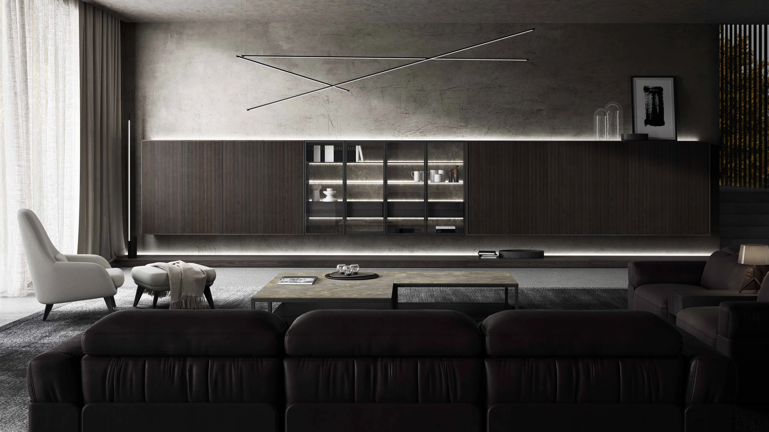 Estar con mueble integrado a la pared, vitrinas iluminadas y sillones