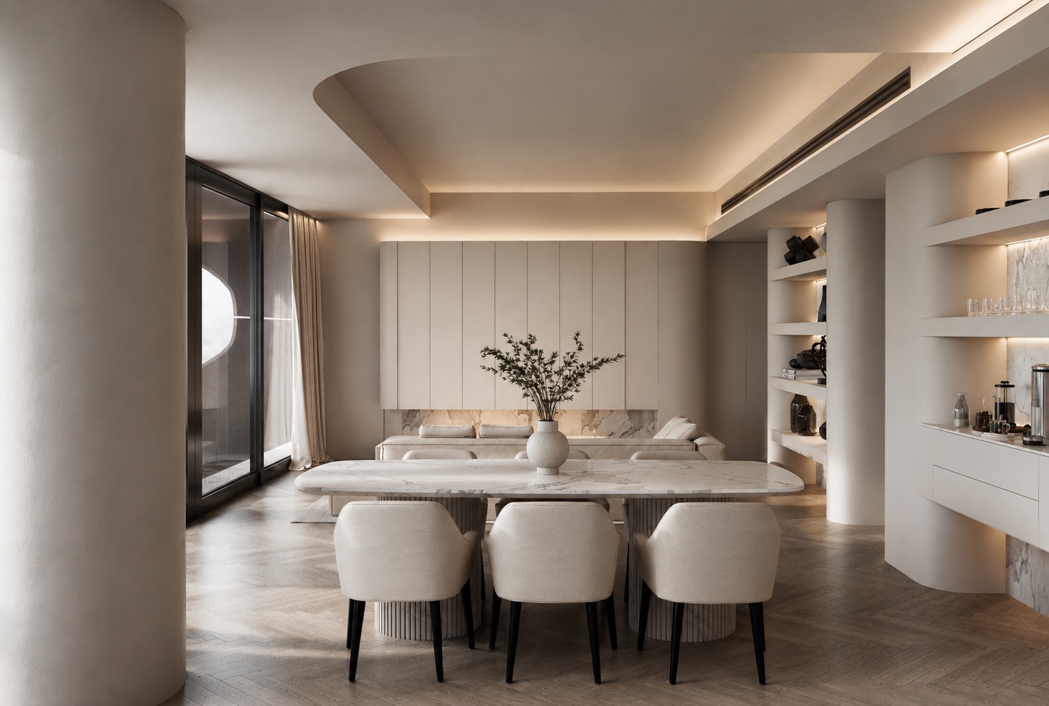 Comedor con mesa ovalada de Neolith Estatuario y sillas tapizadas, sobre piso de roble en espina