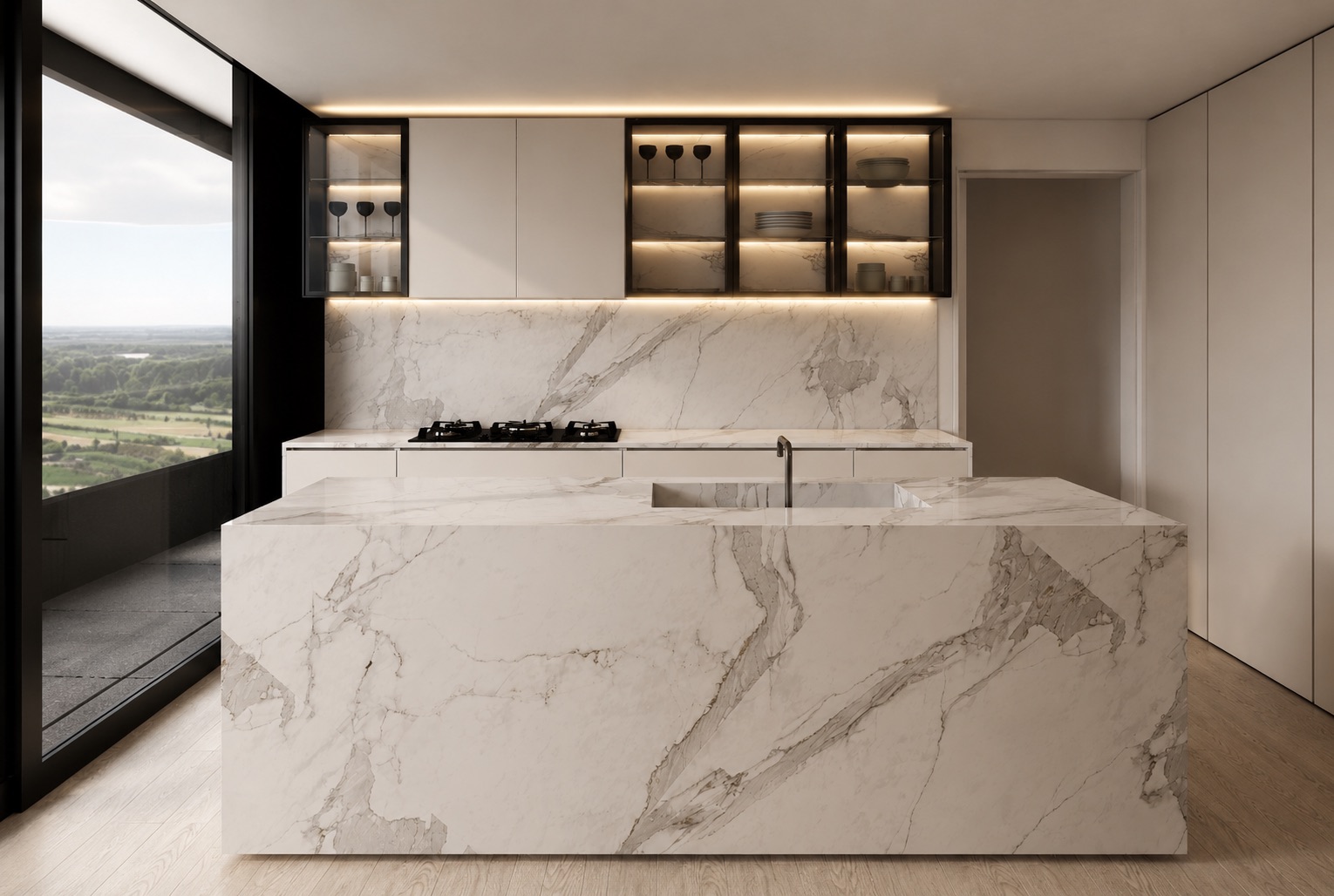 Cocina con isla de Neolith Estatuario y alacenas de vidrio tonalizado con perfilería de aluminio negro
