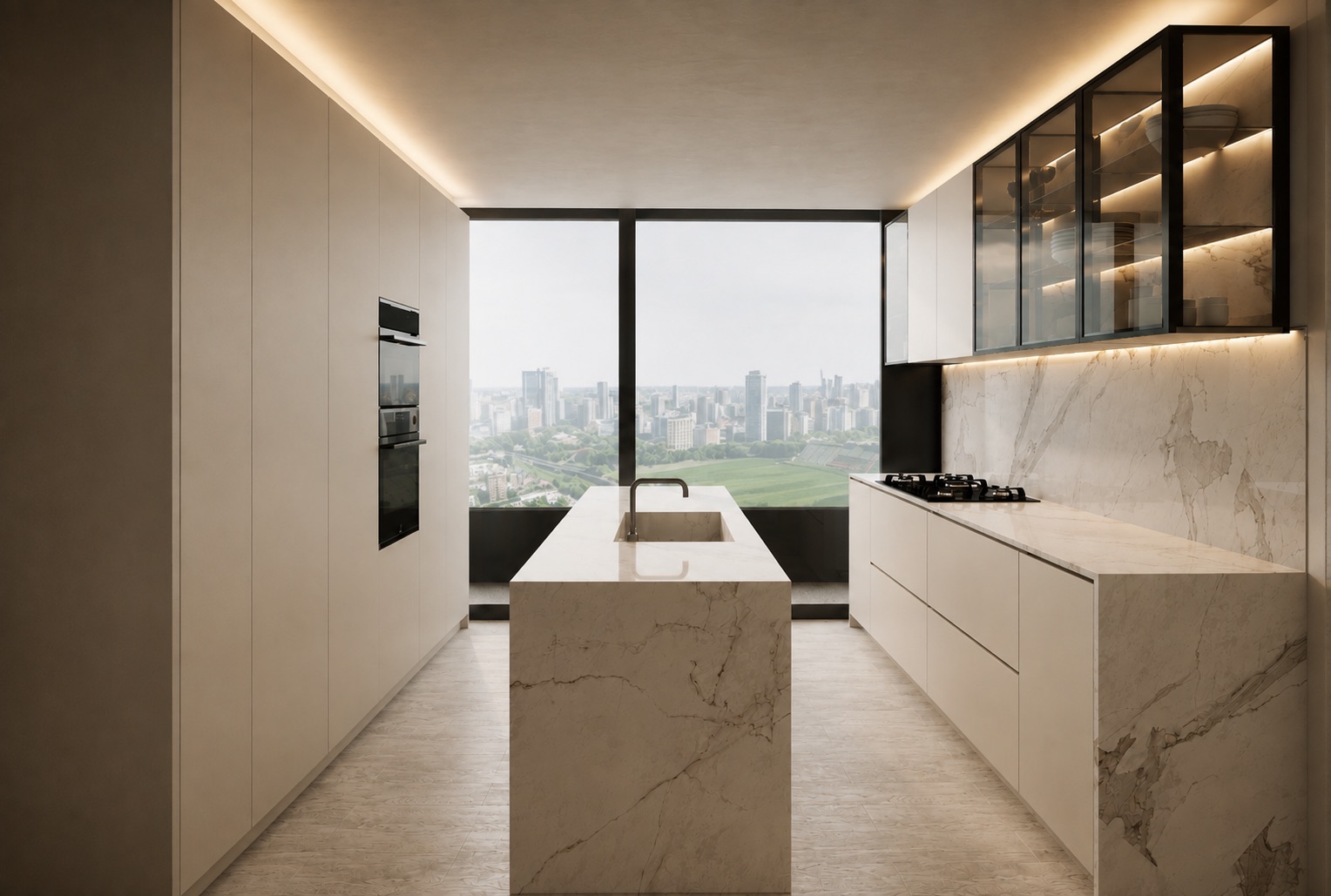 Cocina en línea con isla central, columna de hornos y ventanal con vista a la ciudad