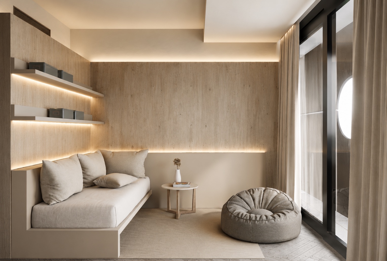 Suite de huéspedes con cama-diván a medida, estantes con iluminación integrada y revestimiento de travertino