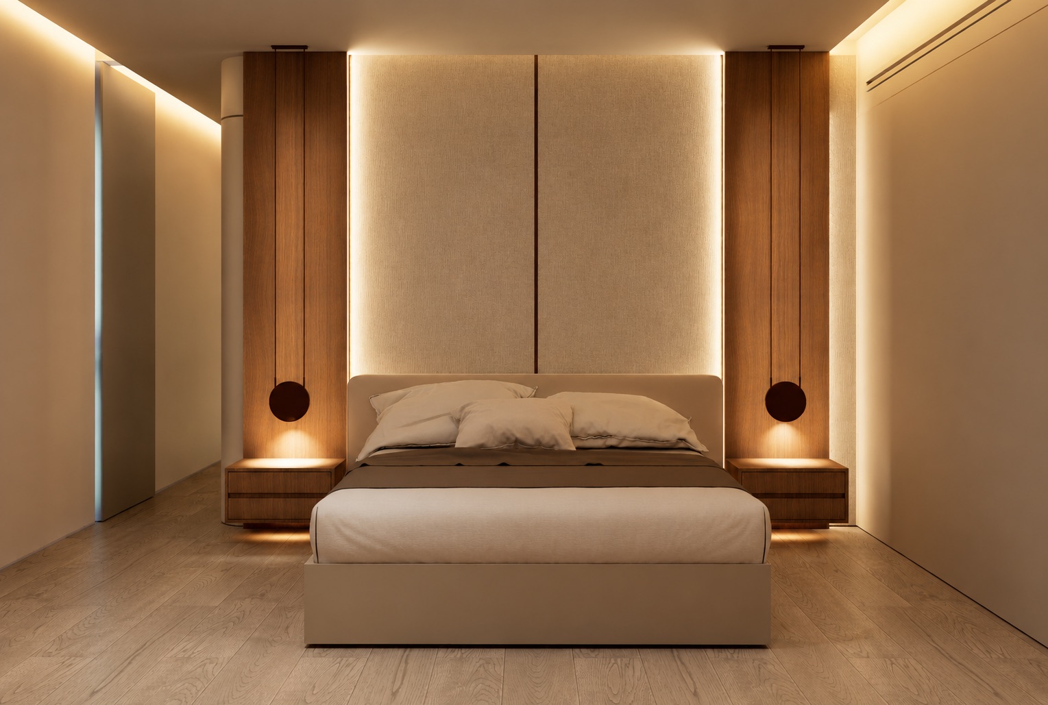 Master suite con respaldo tapizado, paneles de nogal e iluminación colgante a ambos lados de la cama
