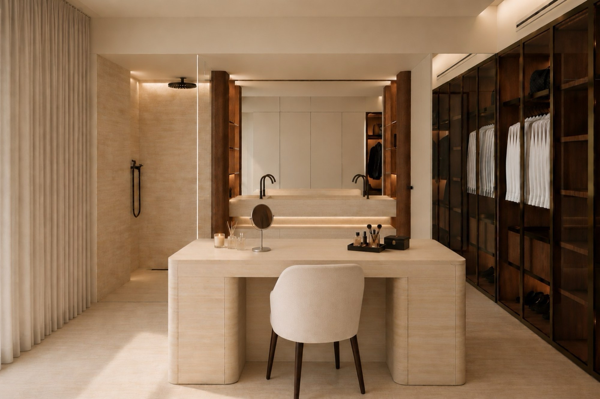 Vestidor de la master suite en piedra clara, con tocador central, placares de aluminio bronce y ducha al fondo