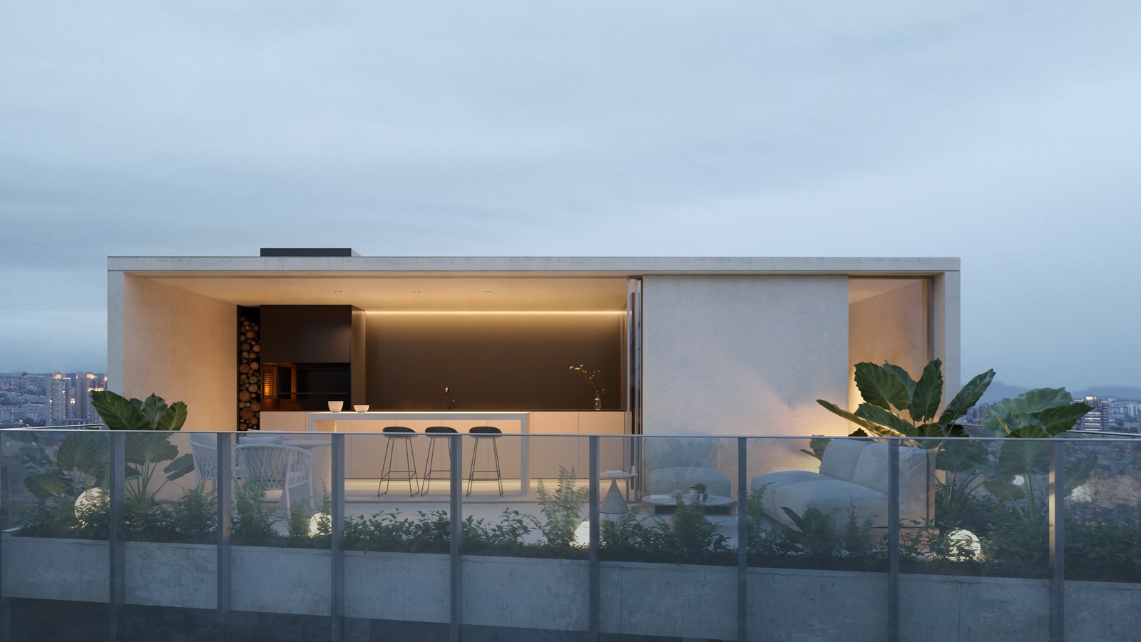 Terraza con parrilla y estar exterior sobre la ciudad, iluminada al atardecer