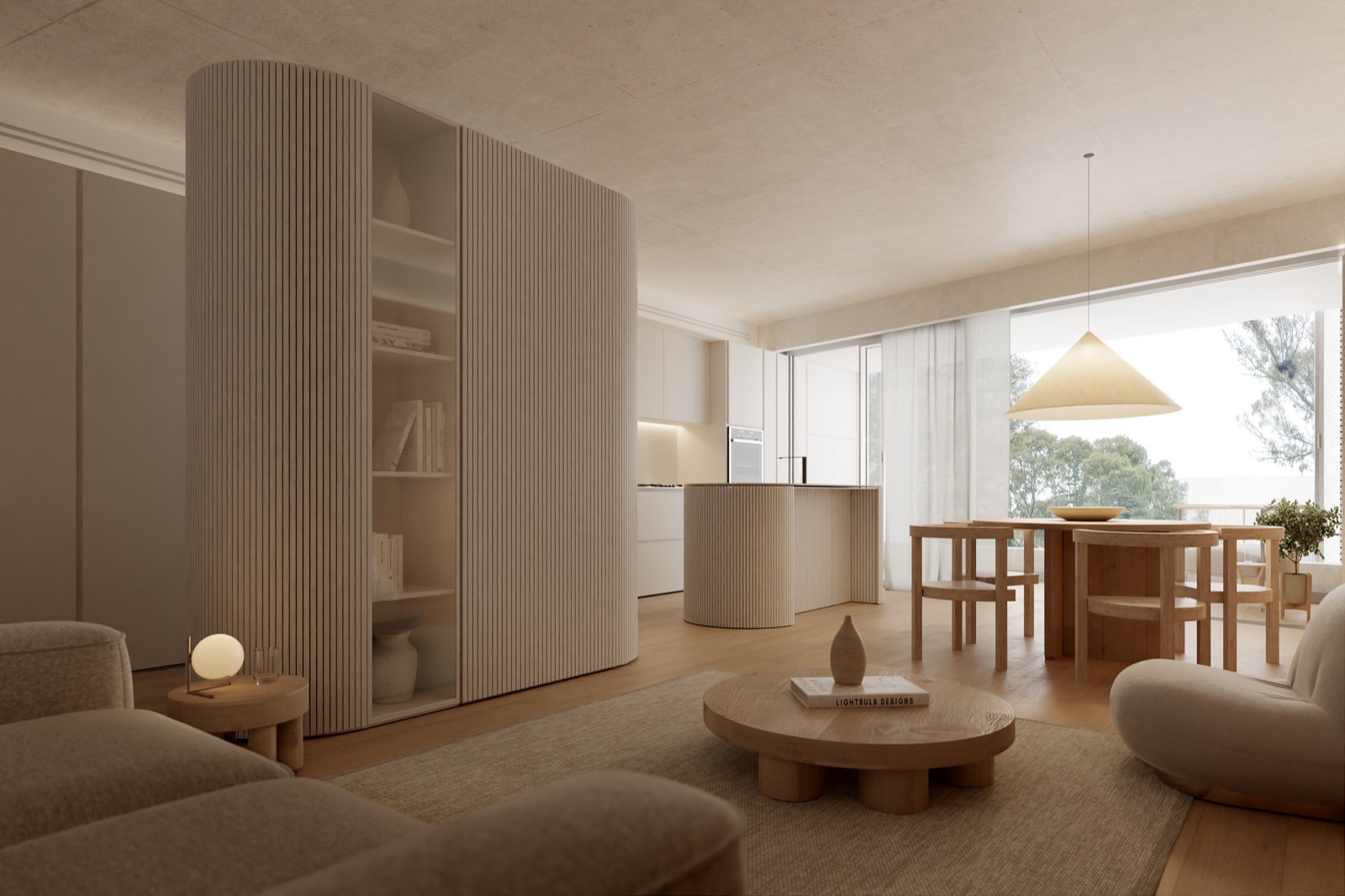 Living con biblioteca curva estriada y comedor junto al ventanal