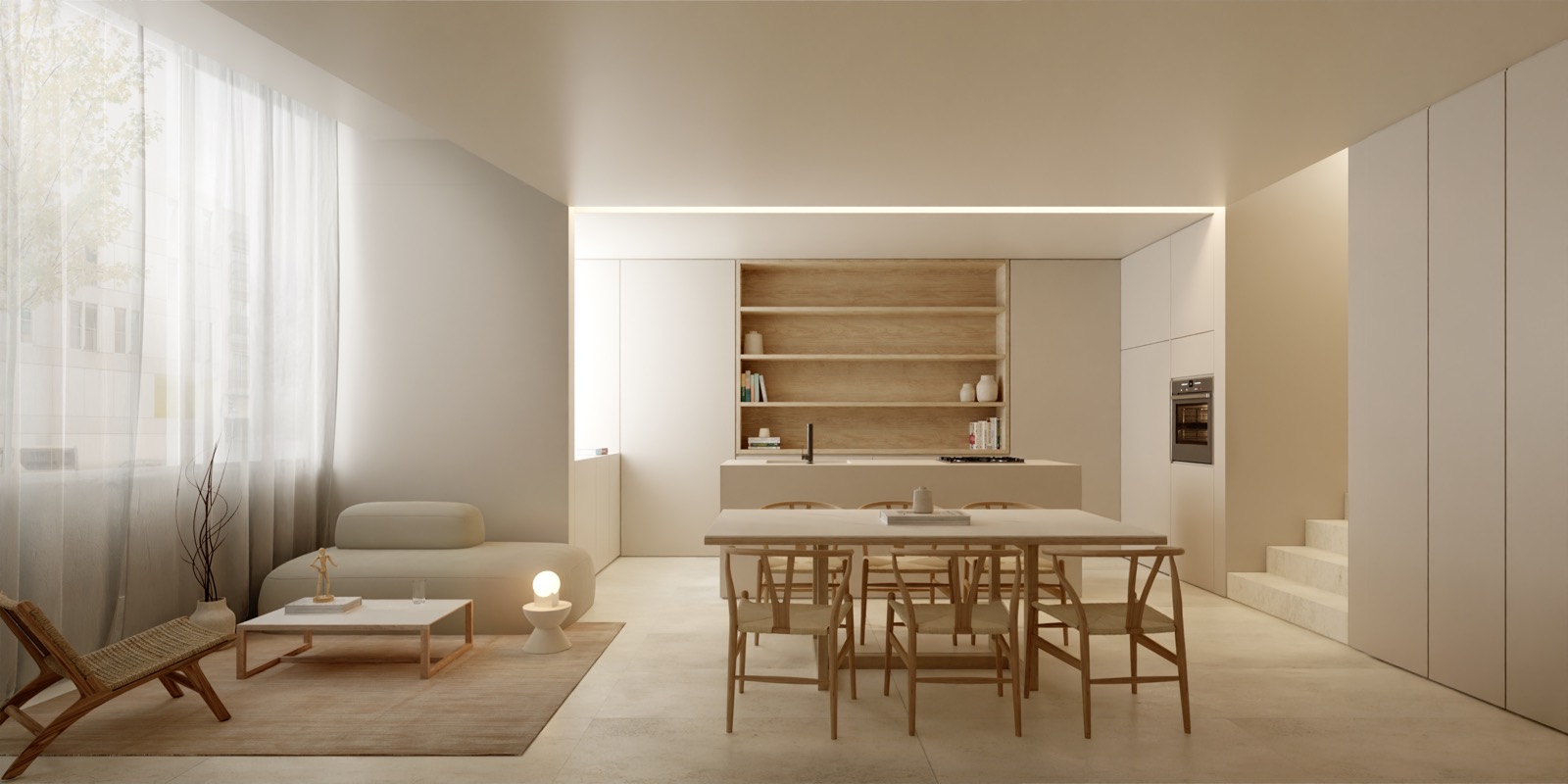 Living y comedor con cocina integrada al fondo y estantería de roble