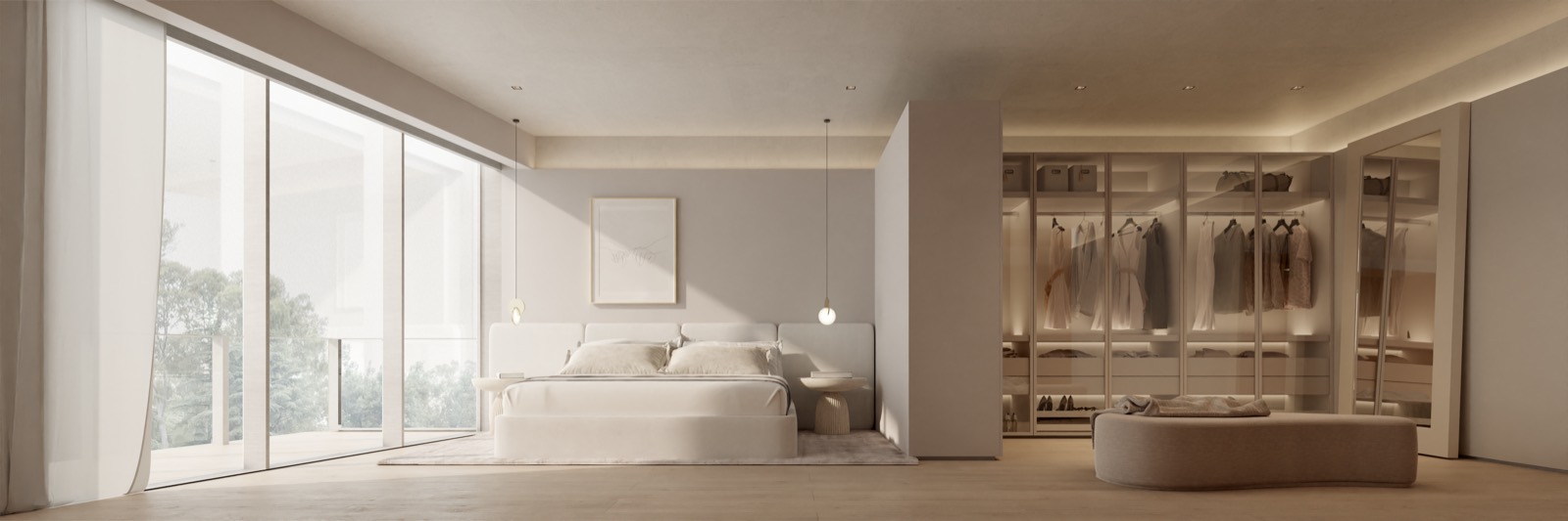 Dormitorio con vestidor vidriado iluminado y ventanal al verde