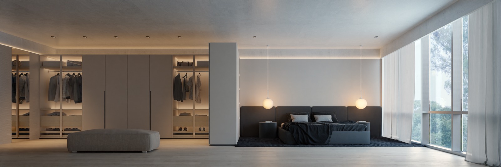 Dormitorio con respaldo tapizado oscuro y vestidor vidriado con iluminación integrada